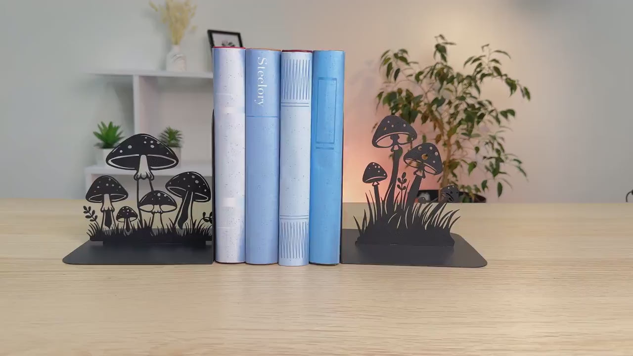 Mushroom Metal Bookends, Handmade Steel Nature Shelf Decor
