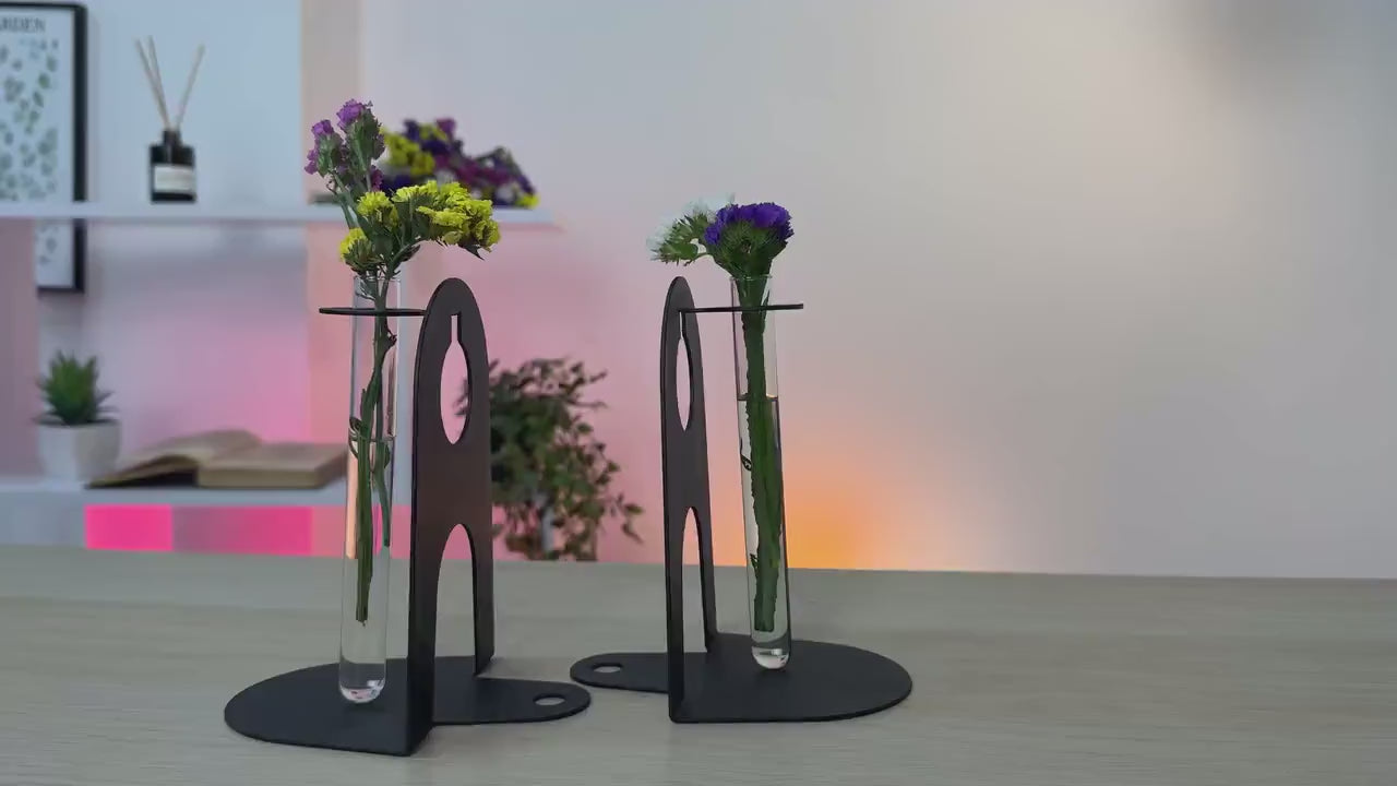 Metal Bookends With Glass Vases, Handmade Steel Shelf Decor