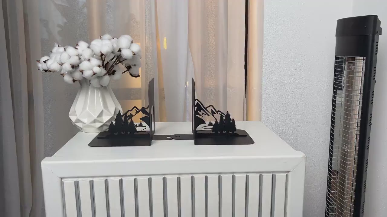Metal Bookends Pair with Mountain and Forest Landscape Silhouette