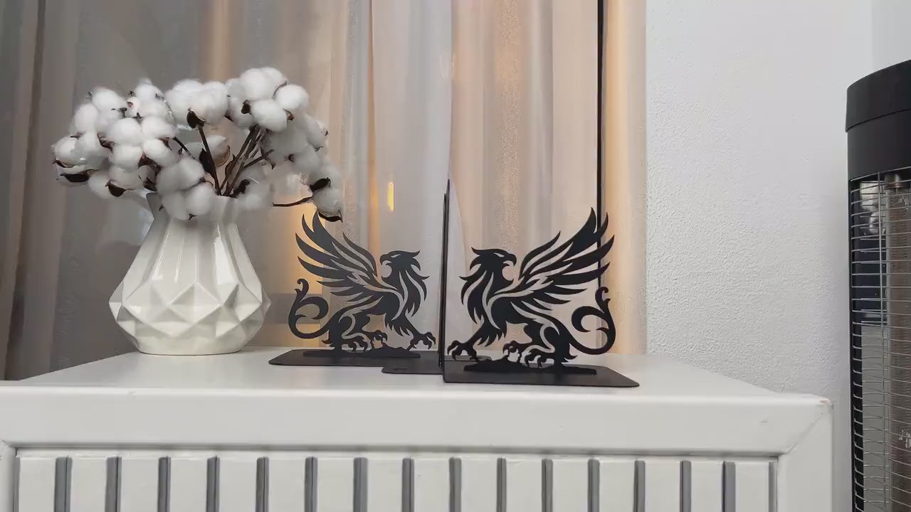 Metal Bookends Pair with Griffin Silhouette Mythical Design