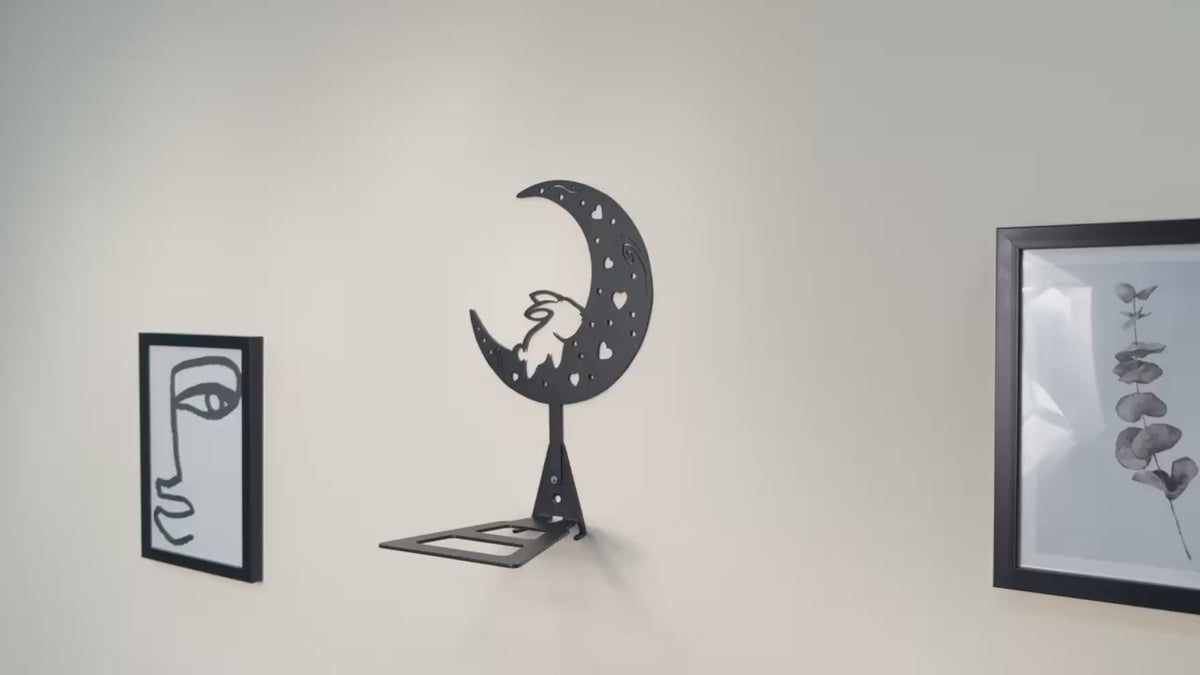 Moon Rabbit Metal Wall Shelf, Handmade Steel Floating Shelf with Celestial Decor
