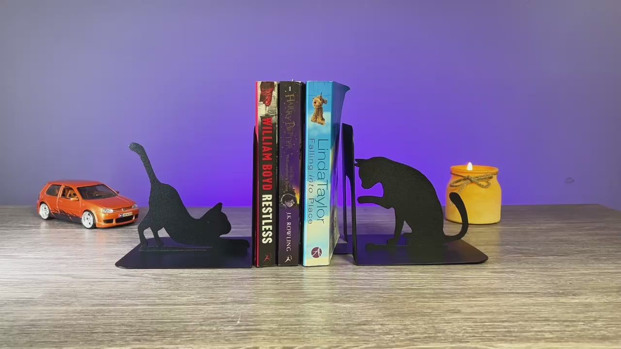 Cat Metal Bookends – Modern Steel Book Holder for Home & Office Decor