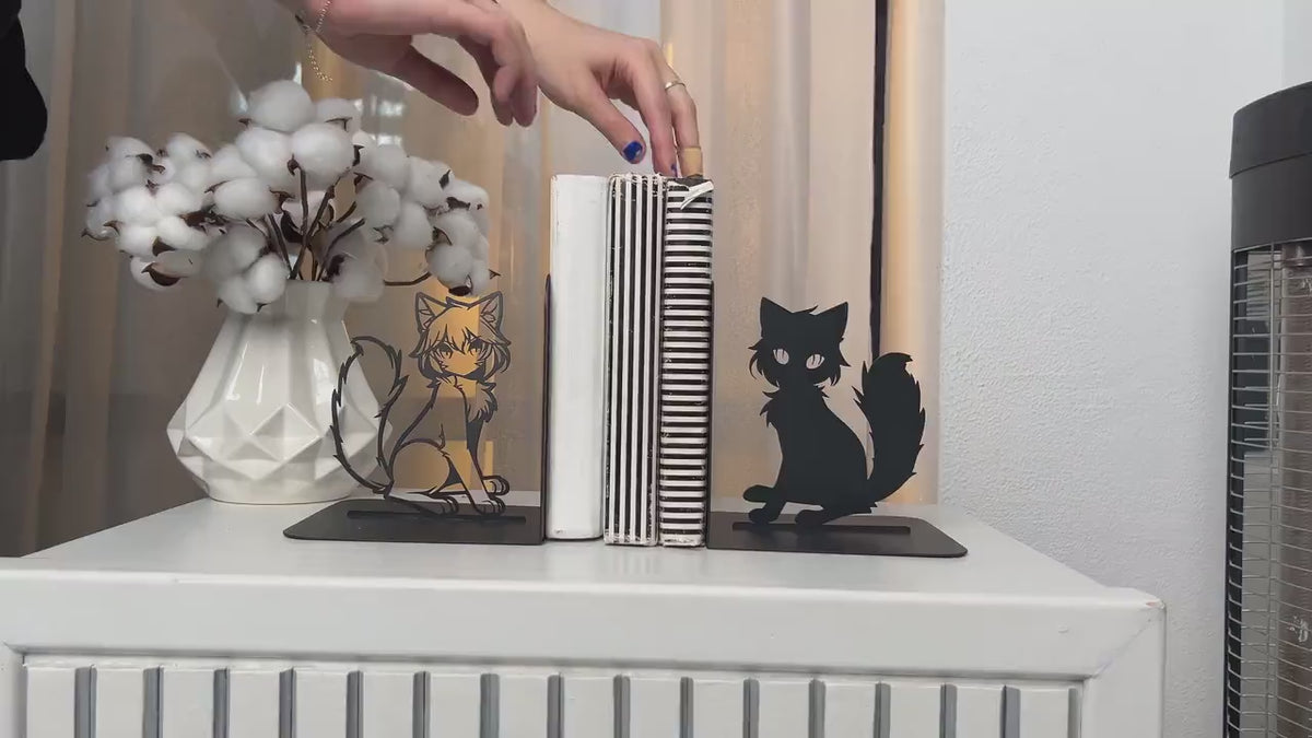 Anime Cat Metal Bookends, Handmade Steel Character Decor