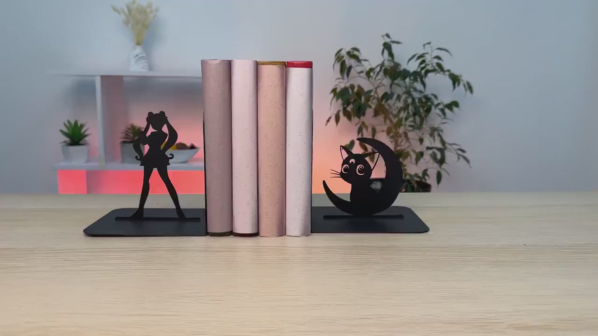 Anime Girl Cat Metal Bookends, Handmade Steel Manga Shelf Decor