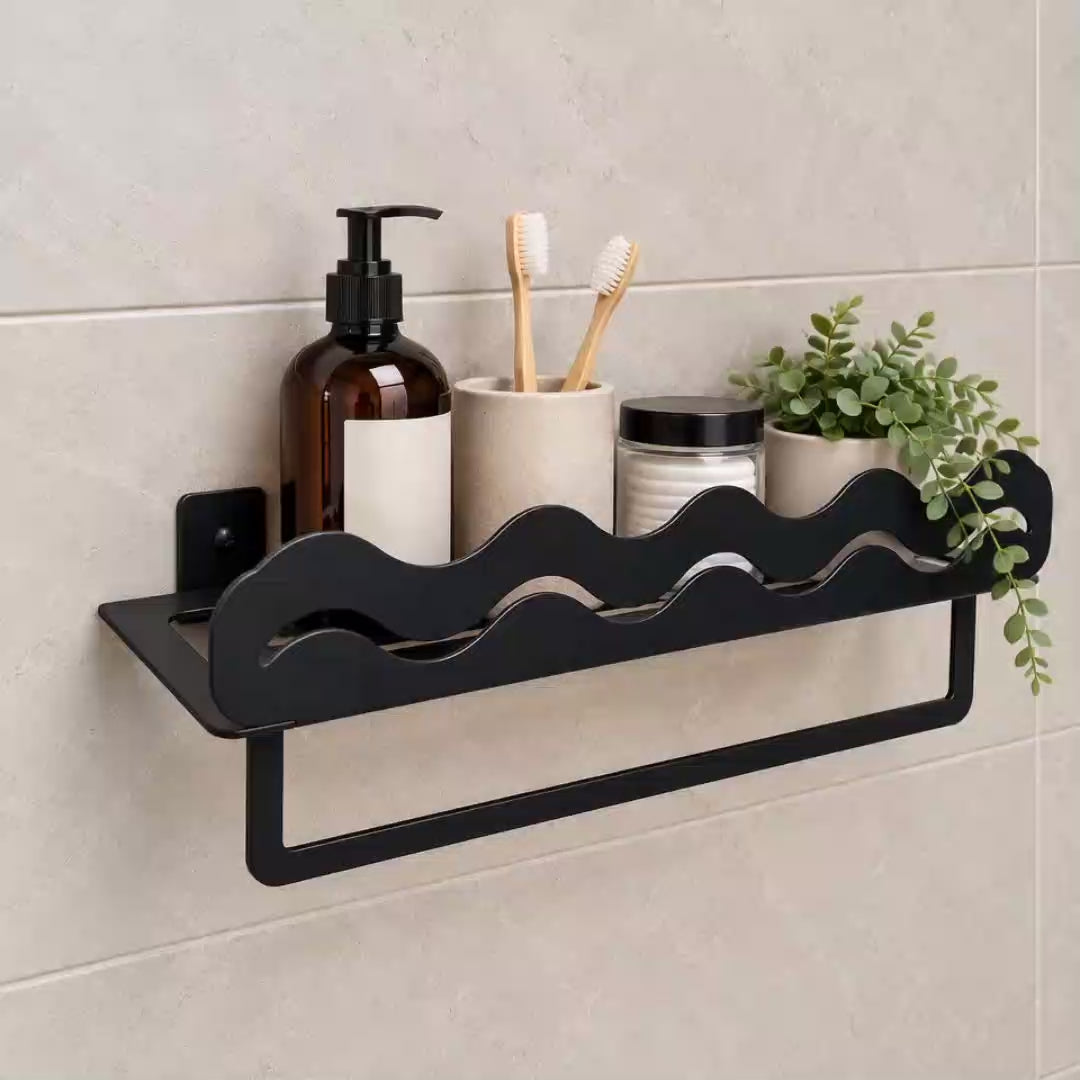 Metal Bathroom Wall Shelf with Towel Holder – Wave Design