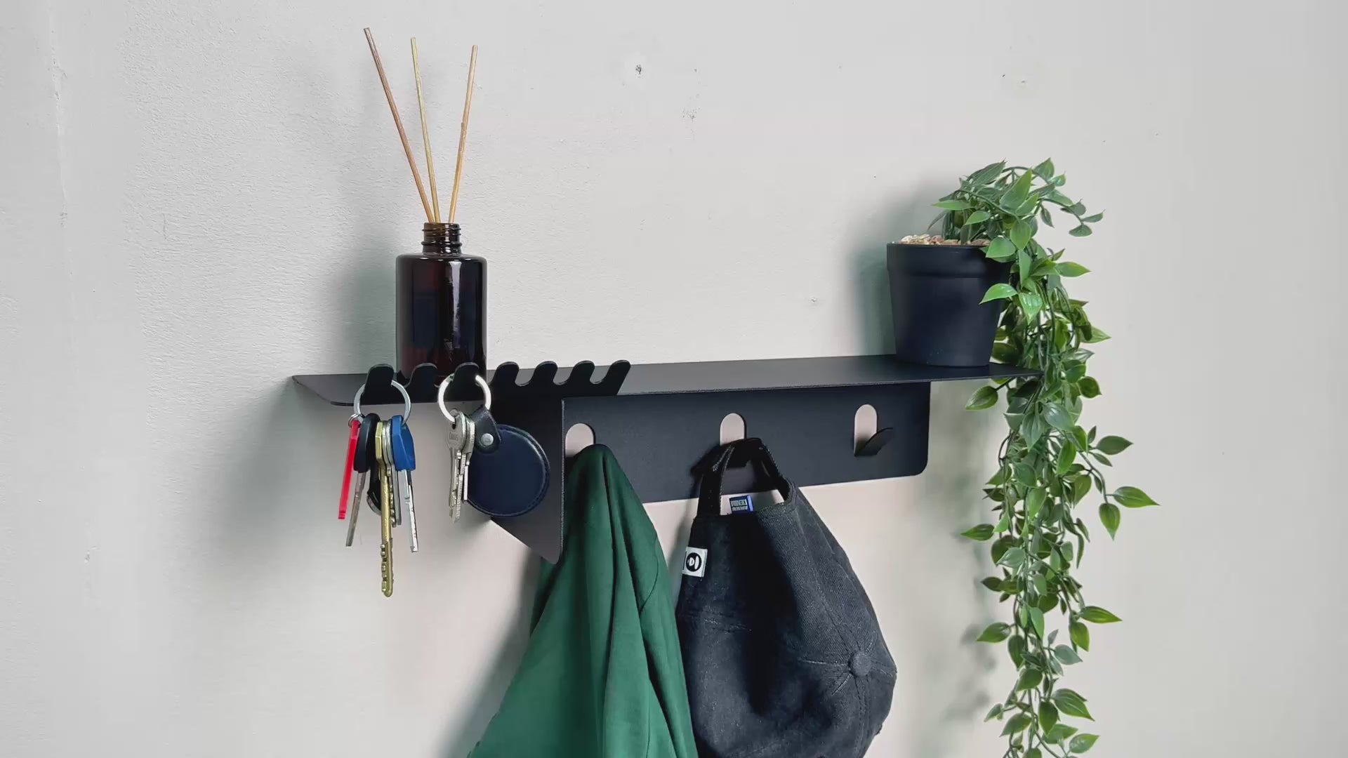 Metal Wall Shelf with Integrated Hooks for Bathroom Storage