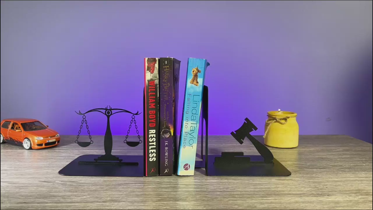 Metal Bookends – Justice Scales & Gavel Steel Book Holder Lawyer Gift