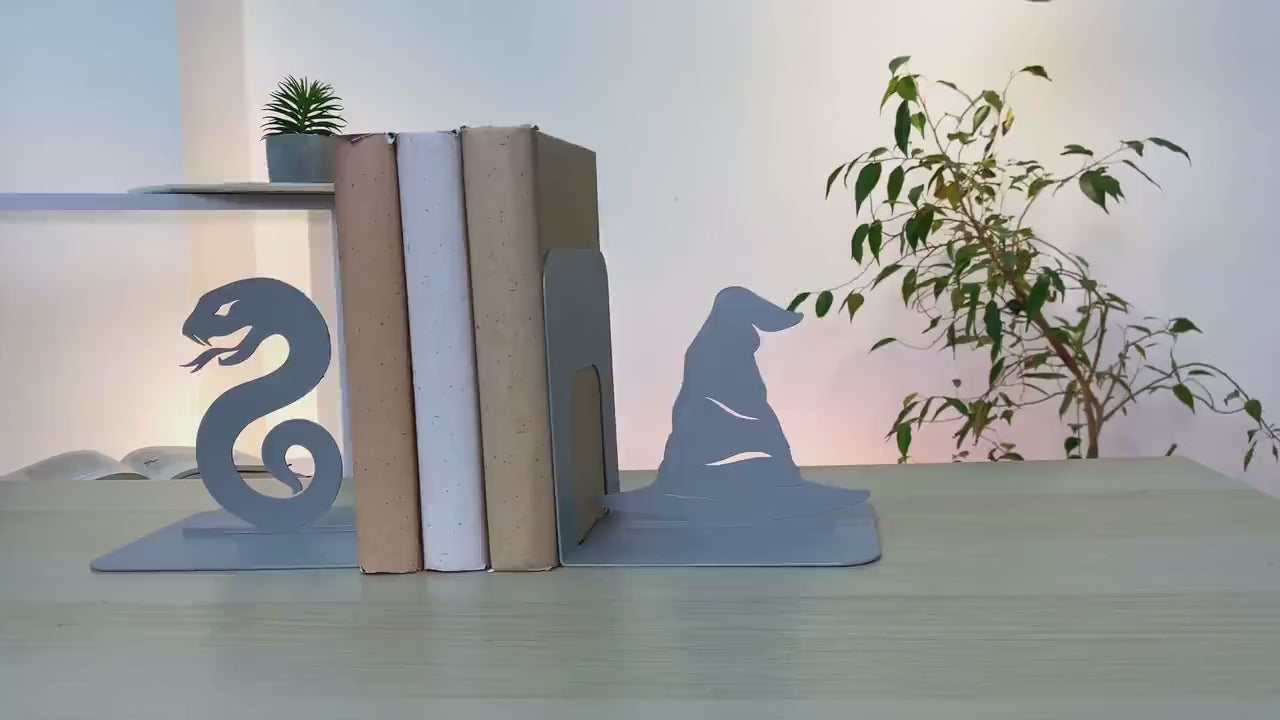 Snake and Wizard Hat Metal Bookends Set Steel Shelf Holders