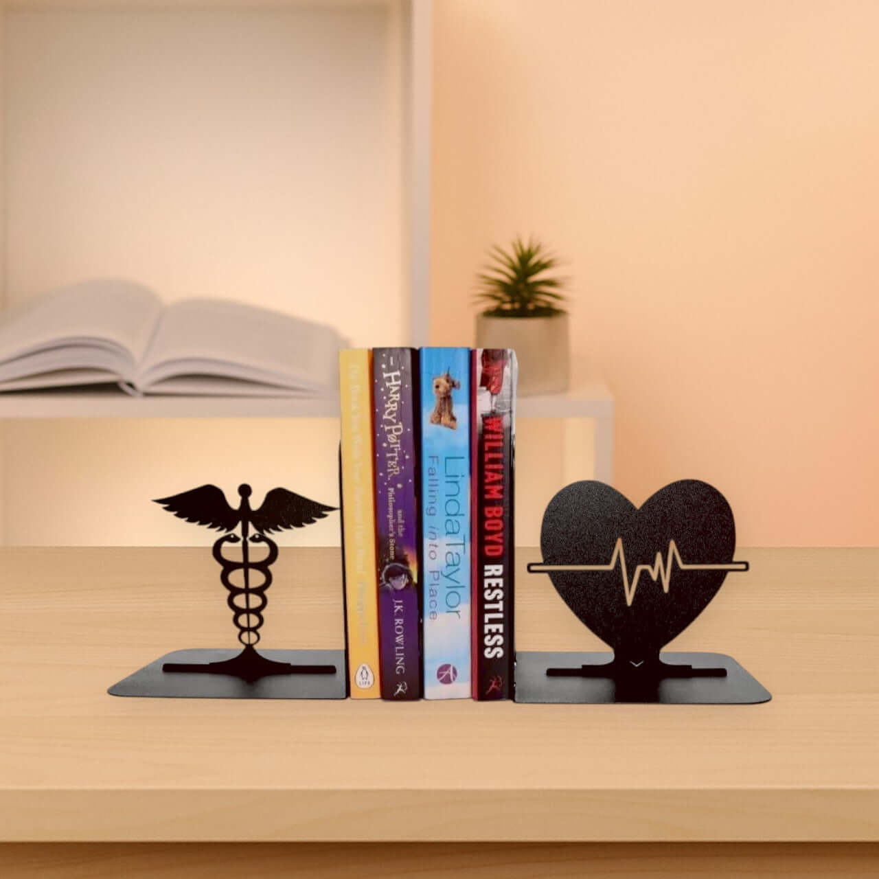Heart Pulse and Caduceus Metal Bookends in Powder-Coated Steel - Metaloslav 