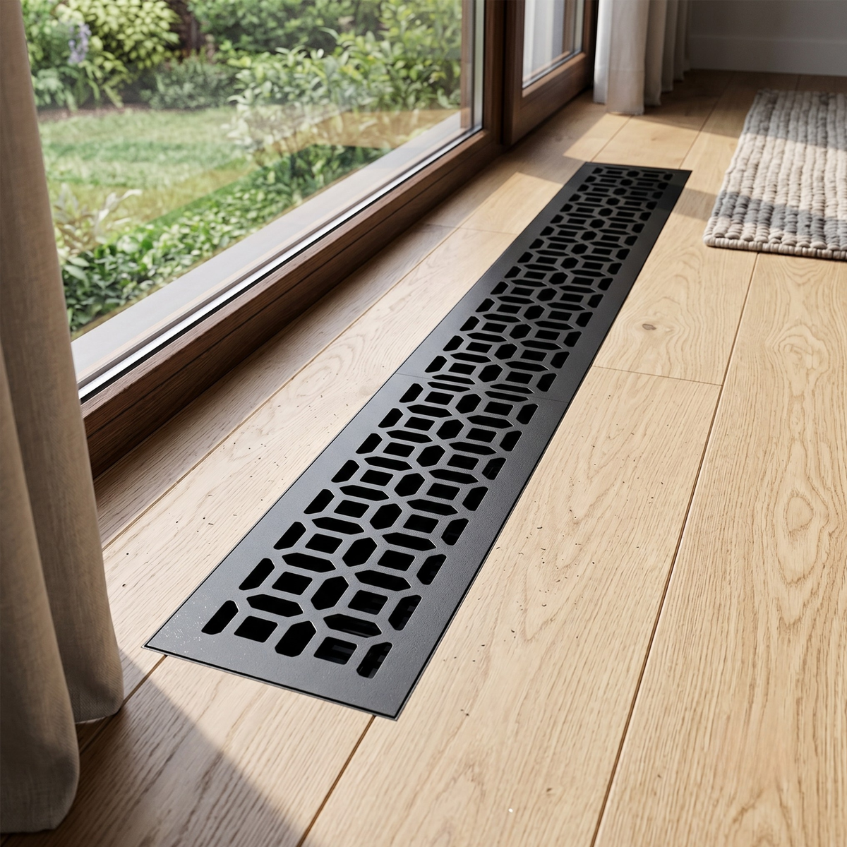 A long rectangular black metal floor vent with an intricate geometric cutout pattern, installed on a light wood floor next to a large window showing a green garden outside.