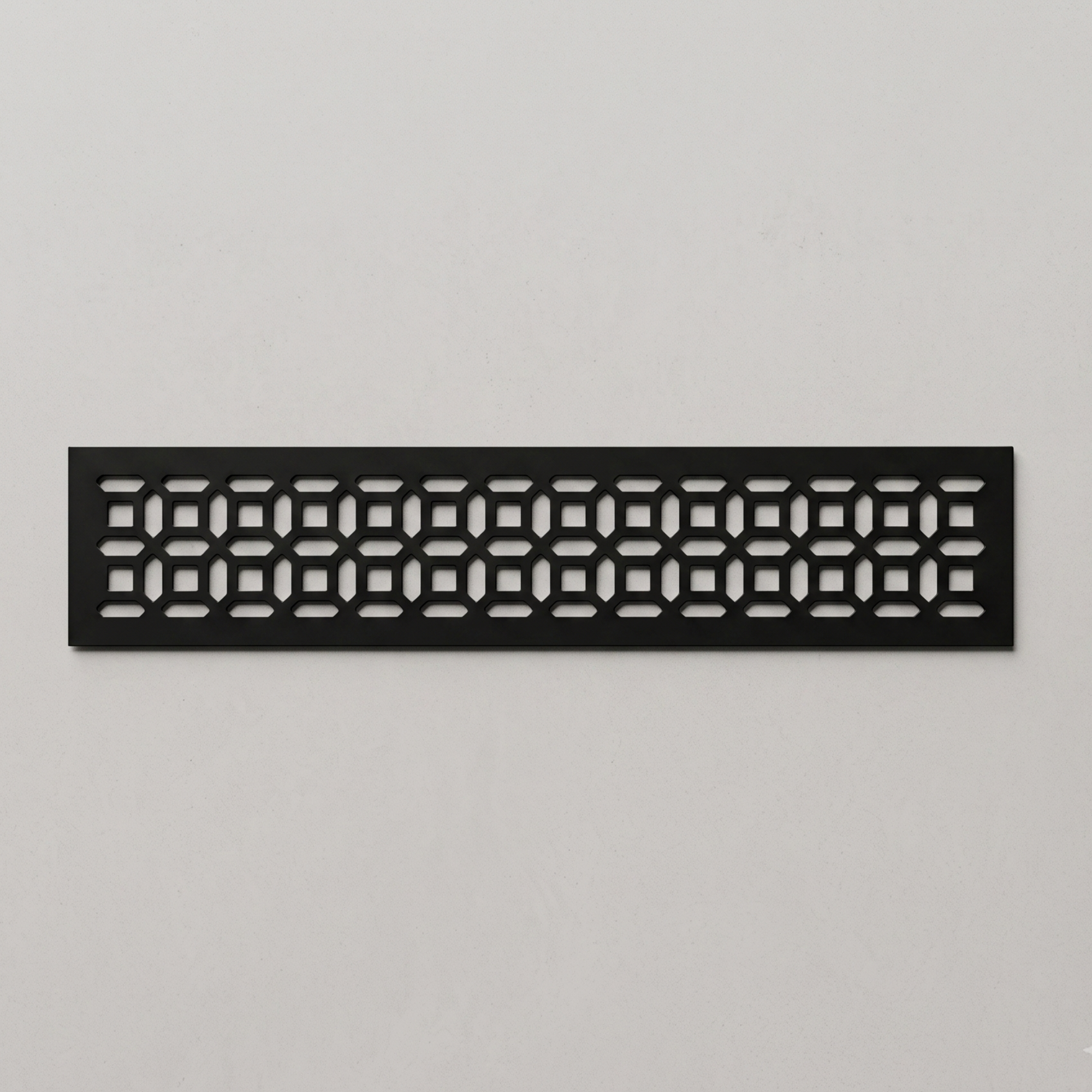 Large geometric metal vent cover with custom laser-cut steel HVAC grille