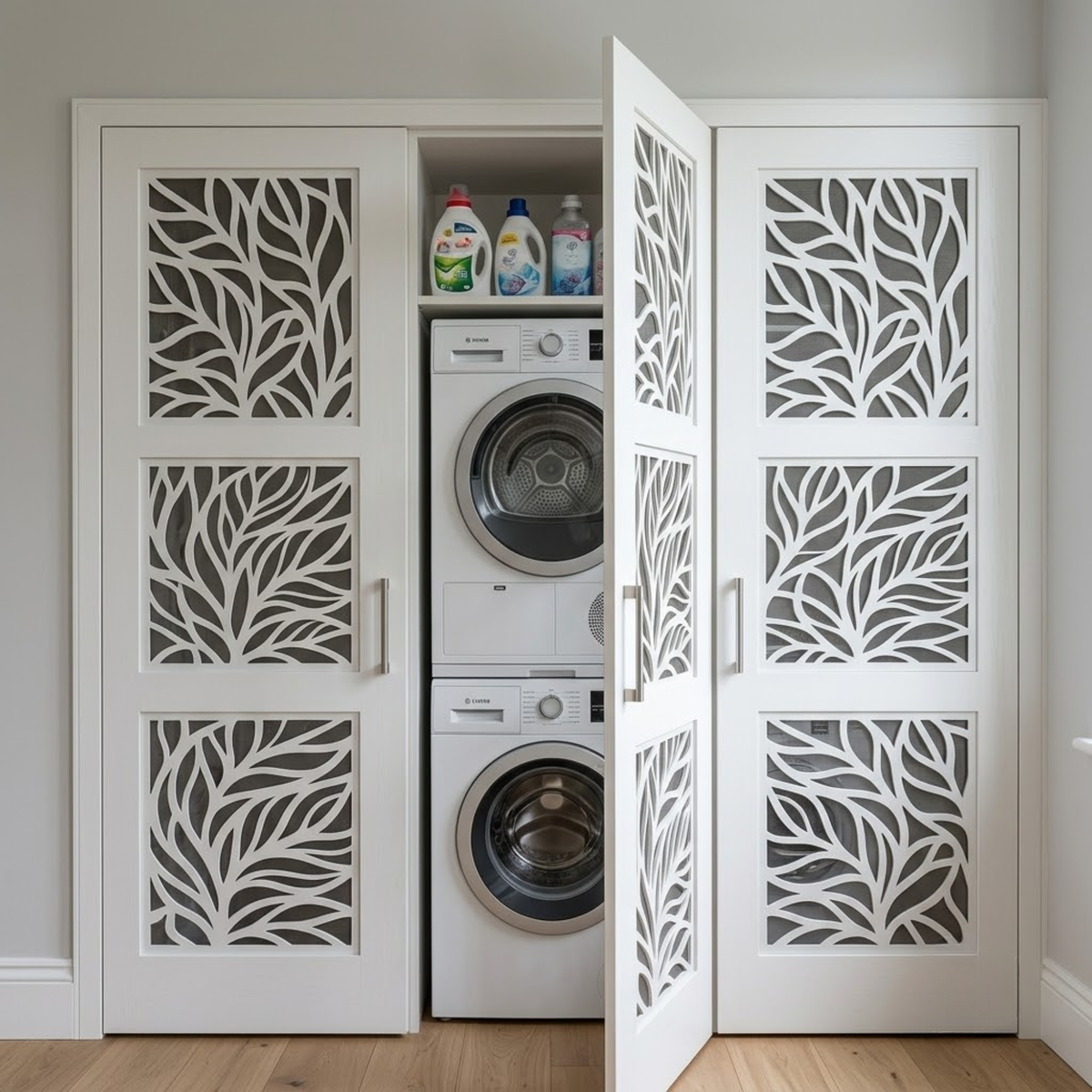 A white built-in laundry closet with decorative leaf-patterned doors, showing a stacked washer and dryer inside. One door is open, revealing a stacked white washer and dryer with three detergent bottles on top, set in a clean laundry room with light wood flooring.